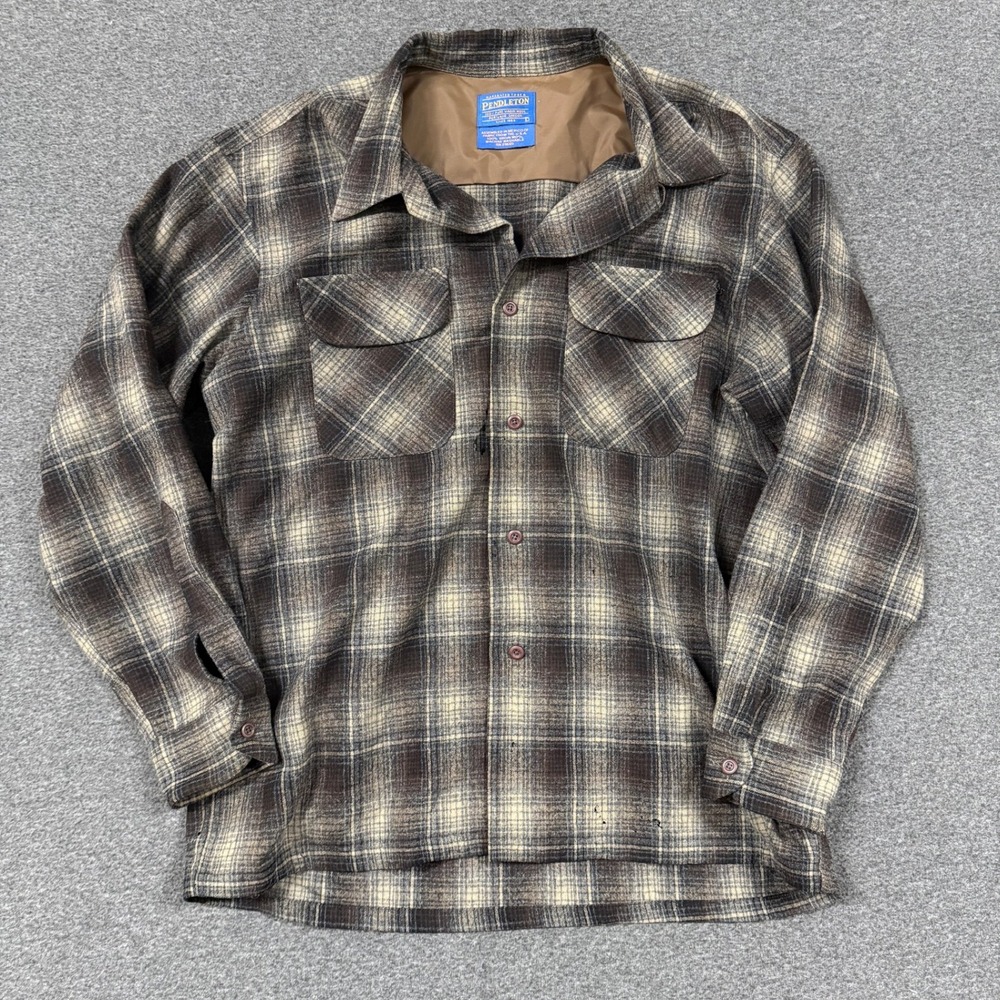 Vintage Pendleton Board Shirt Mens L Brown Good Plaid Wool Flannel Button Up